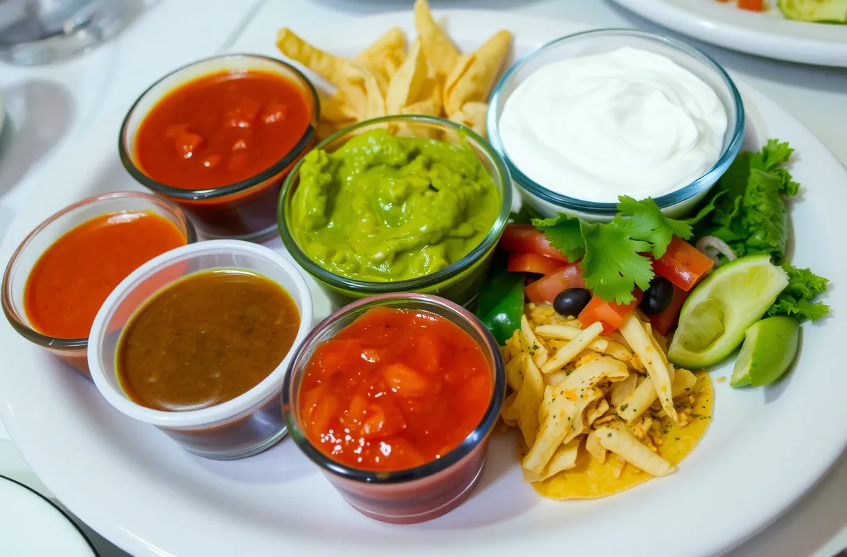Une sélection de sauces, dont le guacamole, la salsa et la crème sure, disposées sur une table, prêtes à être servies avec un plat mexicain, apportant variété et saveur au repas.