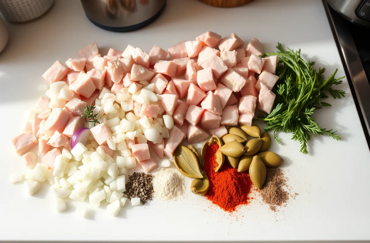 Ingrédients frais prêts pour un sauté de dinde : morceaux de dinde découpés, oignons et ail émincés, et épices mesurées comme le thym, le laurier et le paprika.