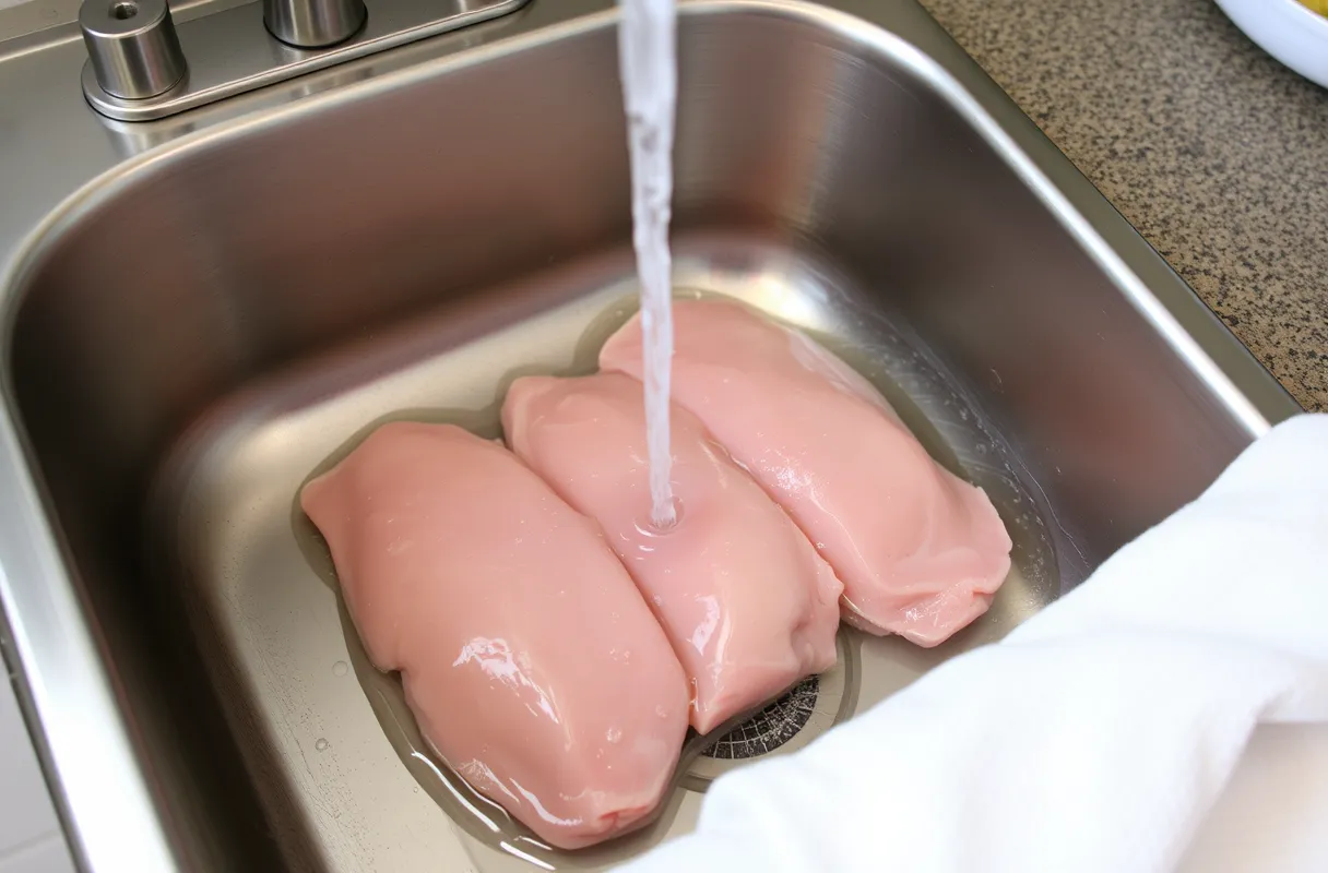 Escalopes de dinde crues rincées sous un filet d'eau dans un évier en acier inoxydable, avec une serviette blanche sur le comptoir.