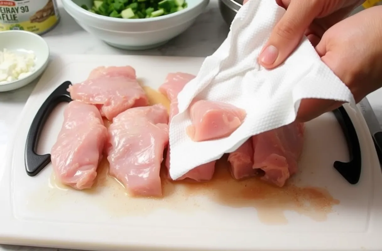 Escalopes de dinde séchées avec du papier absorbant sur une planche de cuisine propre.