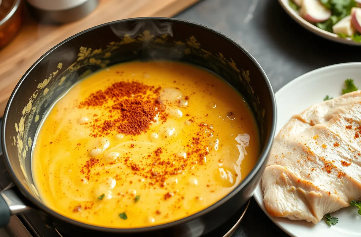 Poêle avec sauce crémeuse au curry en préparation, contenant de la poudre de curry, de la coriandre, du cumin et du gingembre, avec une escalope de dinde reposant à côté