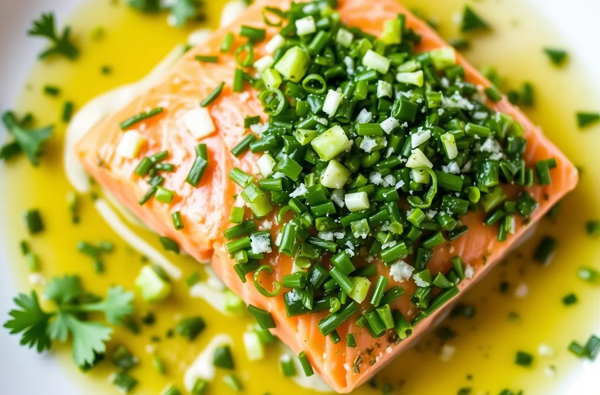 Saumon avec une sauce verte à base de persil, ciboulette, ail, huile d'olive, vinaigre, sel et poivre, pour une touche fraîche et aromatique