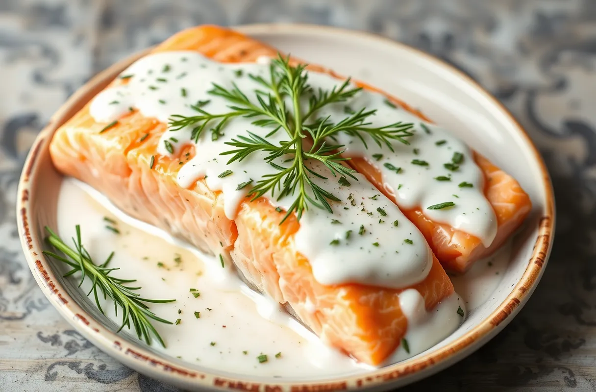 Saumon accompagné d'une sauce à l'aneth fraîche et crémeuse, à base de crème aigre, aneth frais et jus de citron.