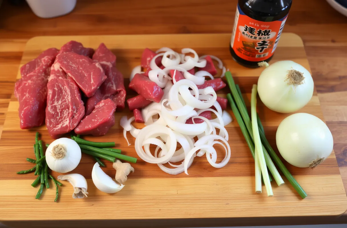 Ingrédients frais pour un sauté de bœuf aux oignons disposés sur une planche en bois : tranches de bœuf, oignons entiers, gousses d'ail, gingembre et sauce soja