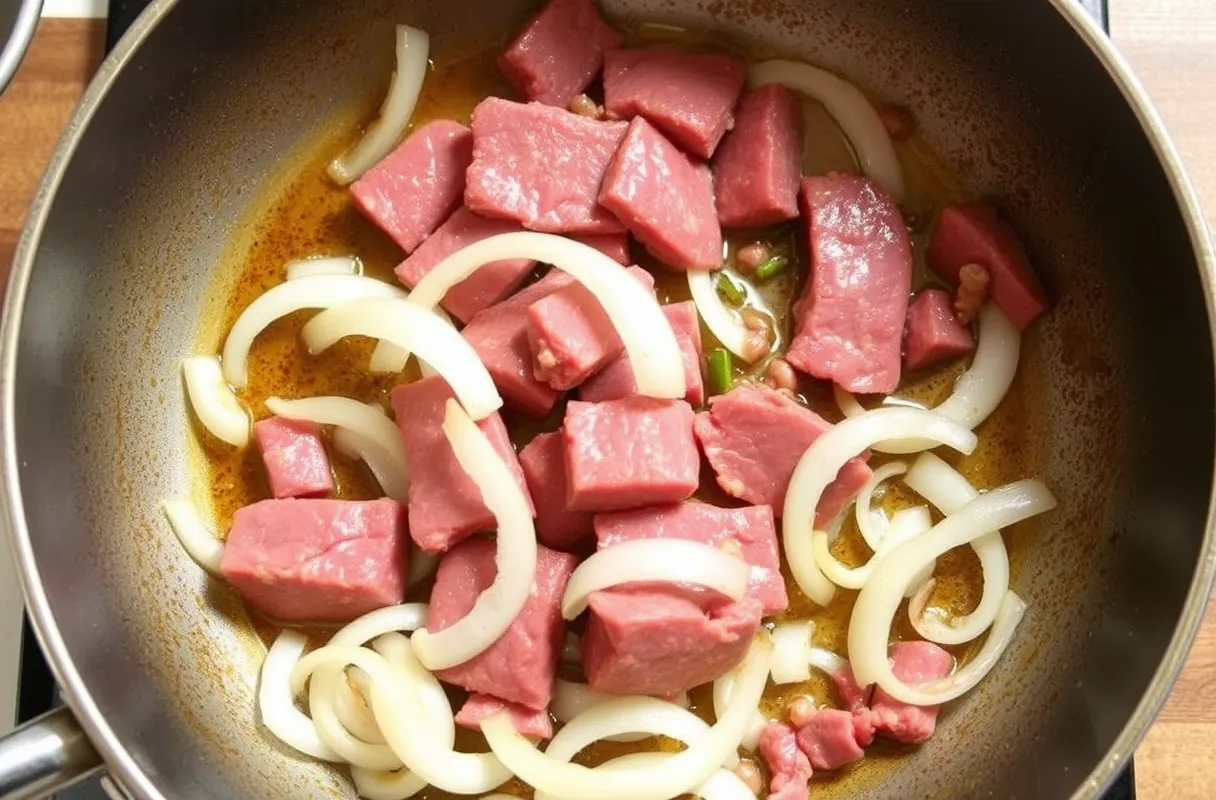 Tranches de bœuf et d'oignons ajoutées dans une poêle, saisies jusqu'à ce qu'elles soient dorées.