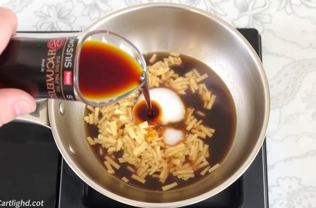 Ajout de sauce soja, vin de riz ou sherry, et sucre dans la poêle, mélangez bien