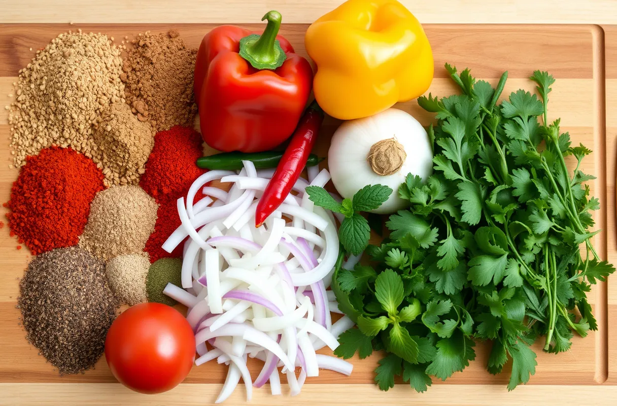 Épices comme le cumin, paprika, et piment d'Espelette, avec des légumes comme poivrons, oignons, et tomates. Herbes fraîches telles que coriandre, menthe, et origan, disposées joliment sur une planche en bois