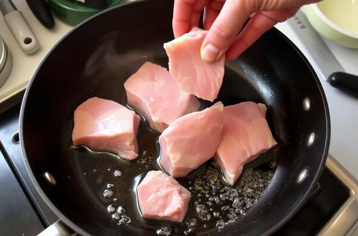 Escalopes de dinde ajoutées délicatement dans une poêle chaude avec de l'huile frémissante.