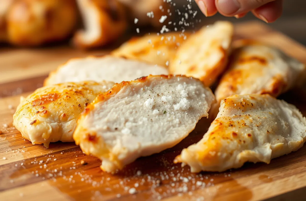 Vue rapprochée d'escalopes de dinde bien cuites et dorées, assaisonnées de sel et de poivre.