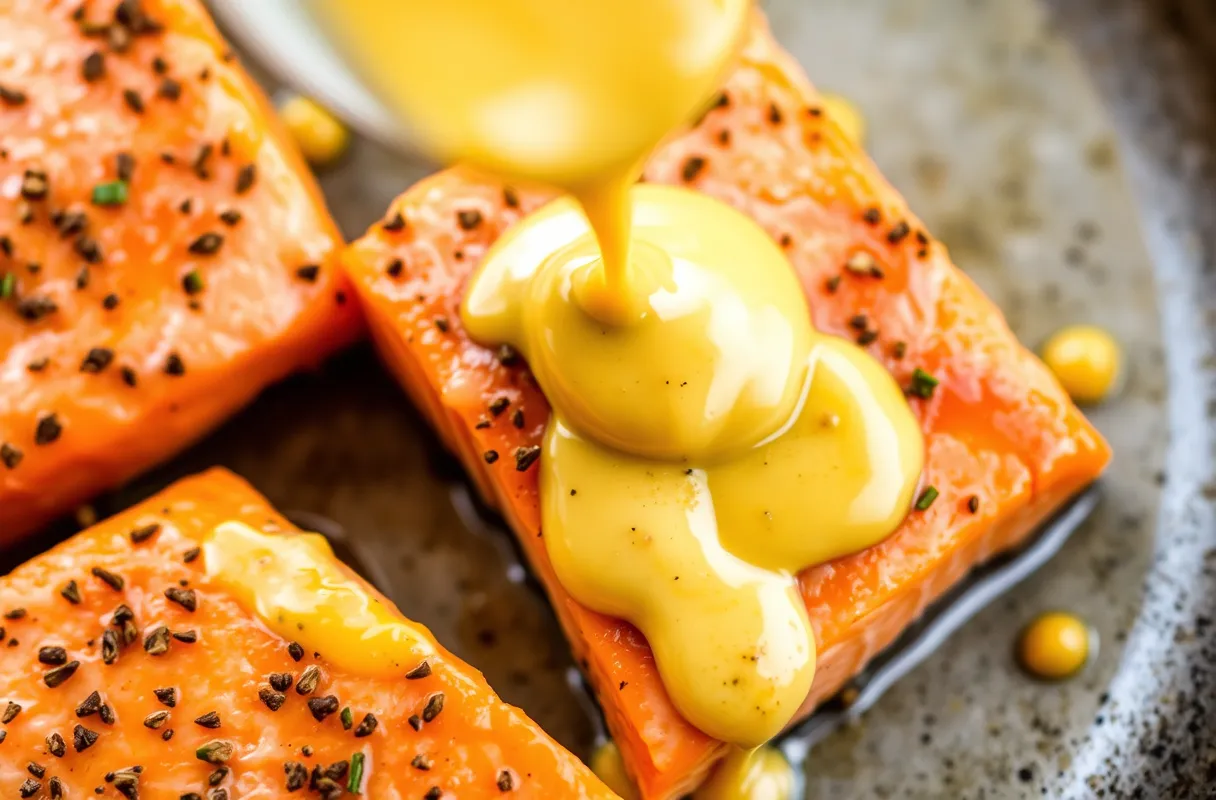 Sauce à la moutarde crémeuse versée sur un saumon, ajoutant une touche piquante et fraîche qui exalte les saveurs du poisson