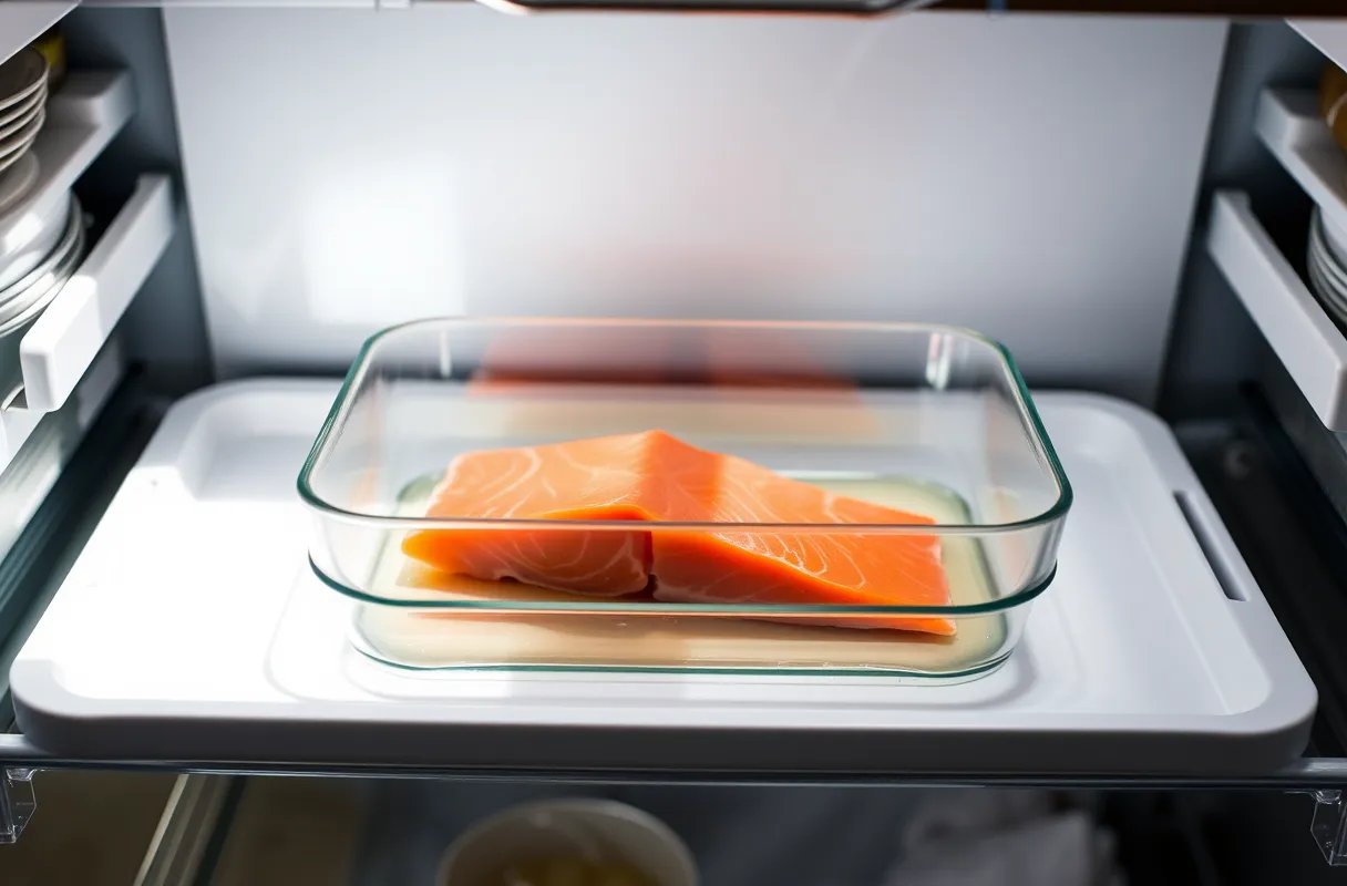 Récipient fermé avec un filet de saumon en saumure dans un réfrigérateur pour la marinade