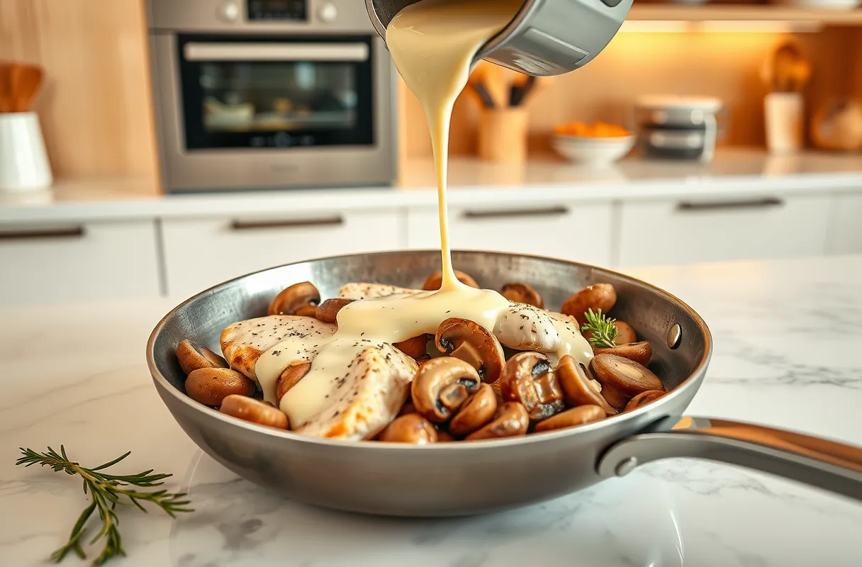 Versement de crème fraîche sur des escalopes de dinde et champignons dans une poêle dans une cuisine moderne et lumineuse