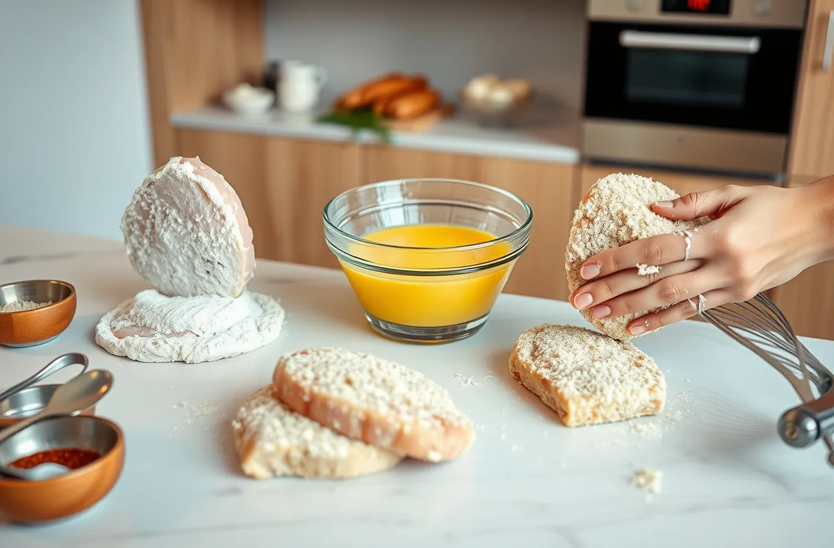 Escalopes de dinde enrobées successivement de farine, d'œufs battus et de chapelure dans une cuisine moderne et lumineuse