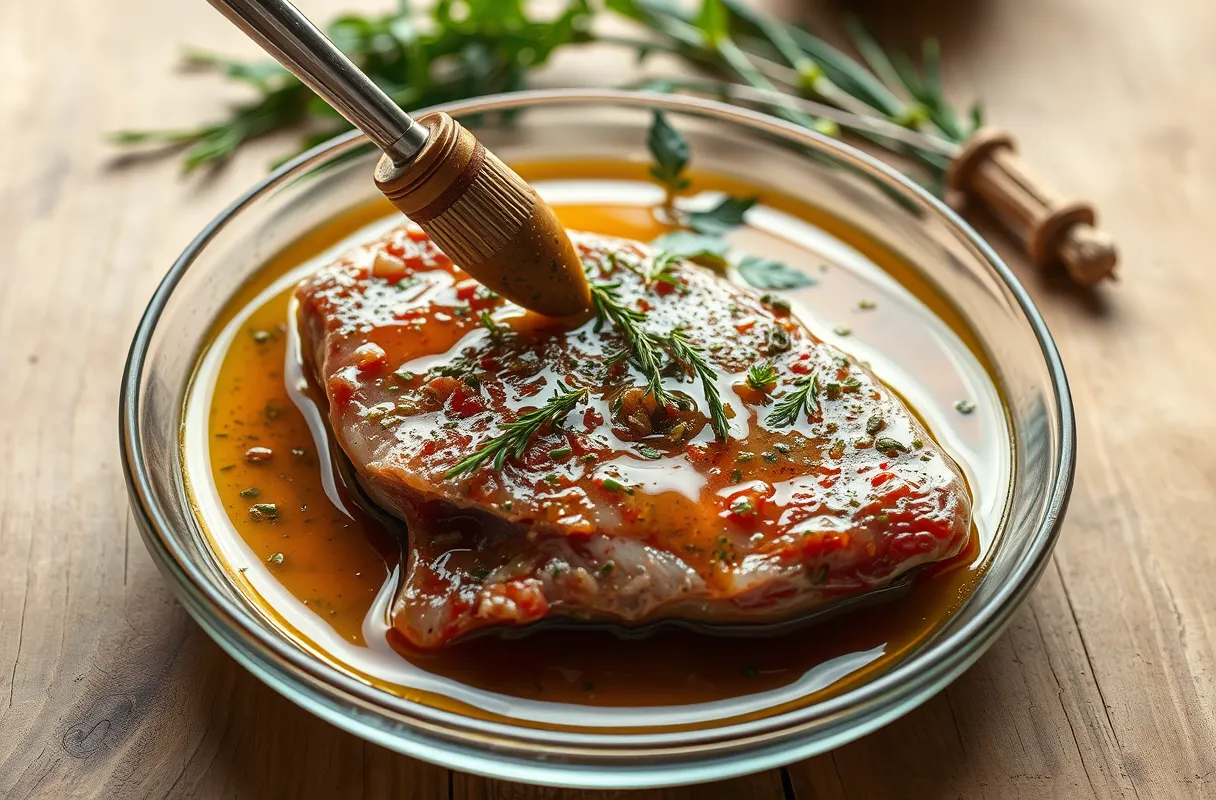 Paleron de bœuf mariné avec huile, herbes et épices, dans un plat rustique, entouré d’éléments de cuisine.