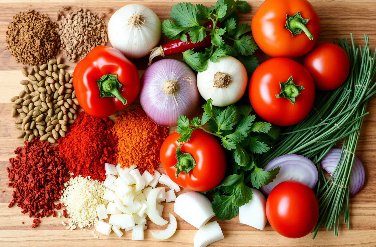 Ingrédients essentiels pour des fajitas maison : tortillas de blé ou de maïs, viande (bœuf, poulet, crevettes), poivrons colorés, oignons, tomates, guacamole, crème fraîche ou yaourt grec, cheddar râpé, épices (cumin, paprika, ail en poudre, piment), disposés sur une planche en bois