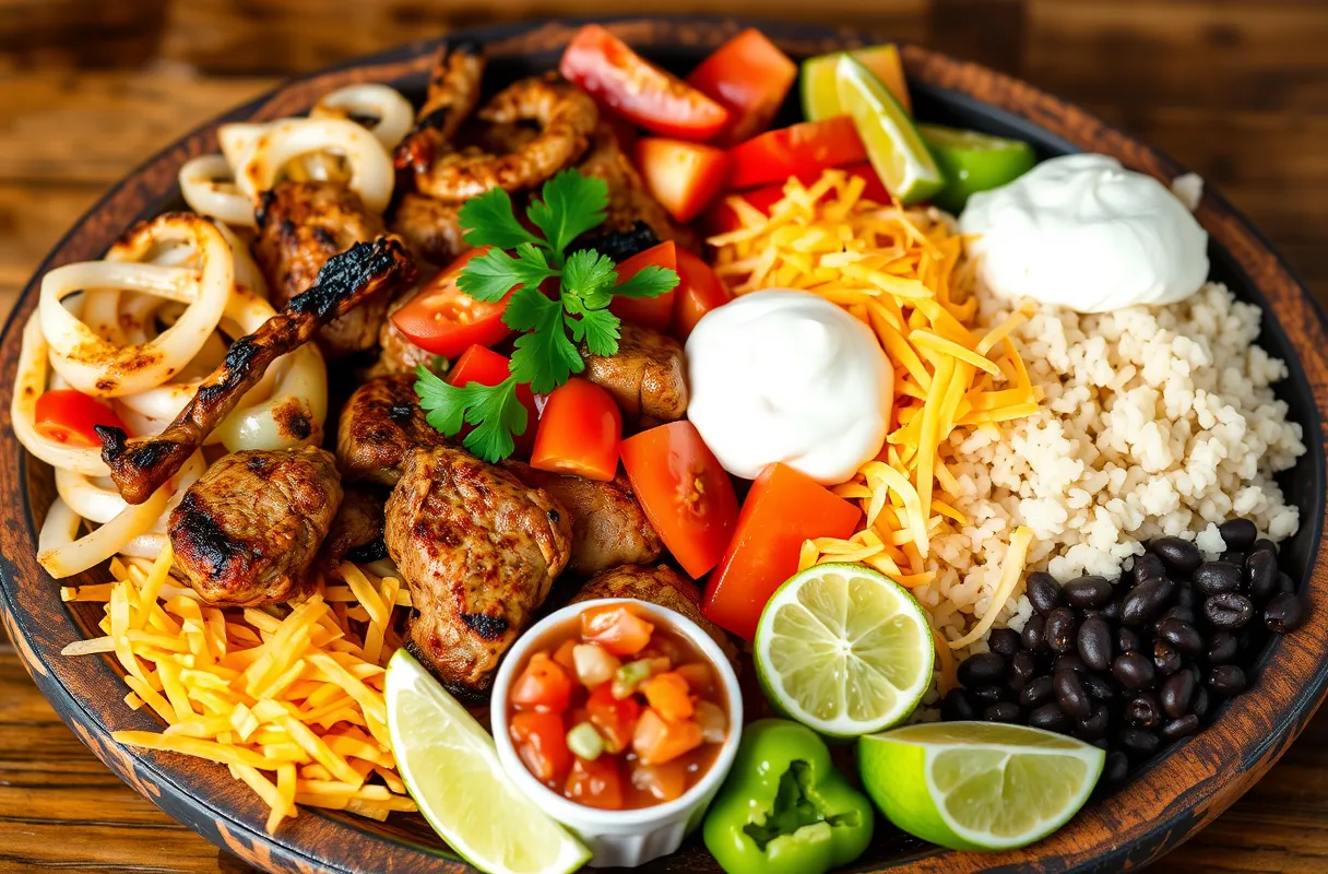 Fajitas garnies de légumes grillés, poivrons croquants, tomates fraîches, cheddar râpé, crème fraîche, guacamole, salsa épicée, pico de gallo, fèves noires, riz parfumé et quartiers de citron vert.