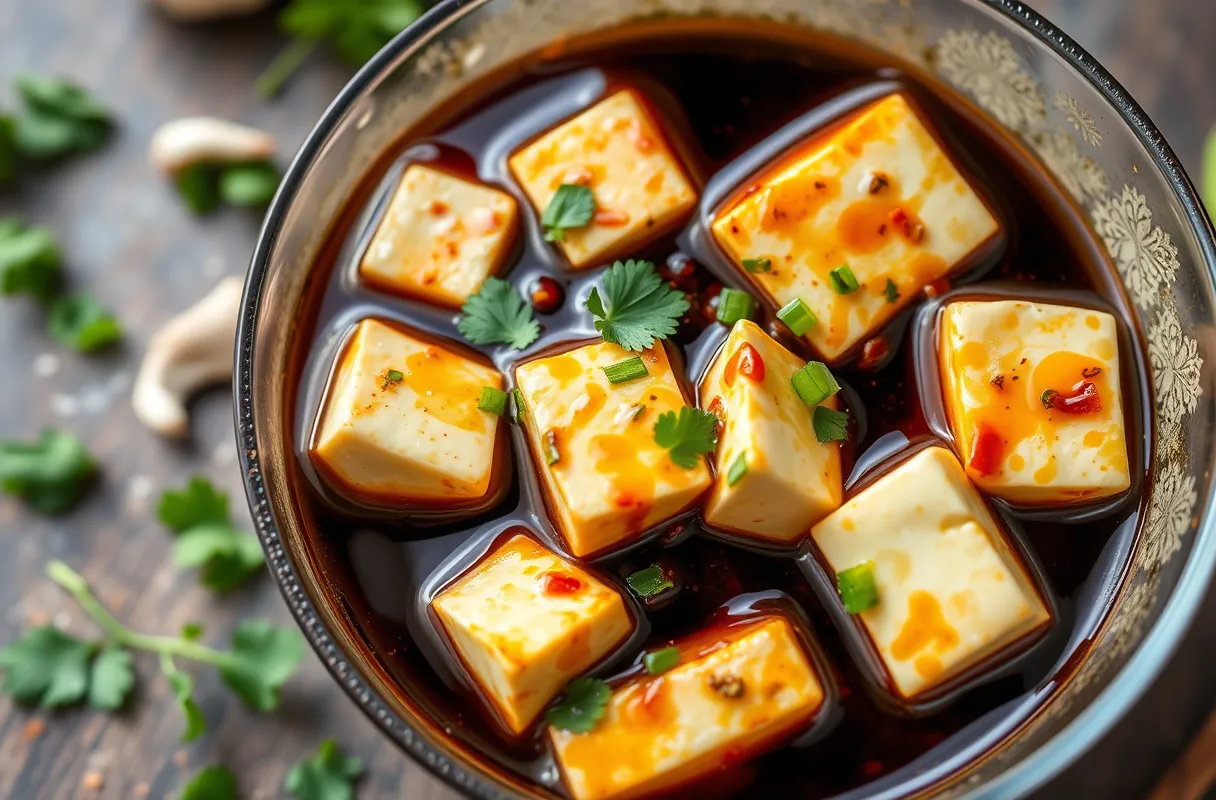 Tofu ou seitan mariné dans une préparation parfumée à base de sauce soja, ail, gingembre, huile de sésame et piment, entouré de coriandre et d'oignons verts.