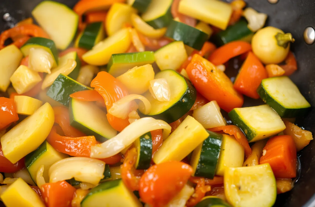 Légumes (poivrons, courgettes, oignons) sautés dans une poêle, devenant dorés et tendres, avec de la vapeur et des herbes ajoutées.