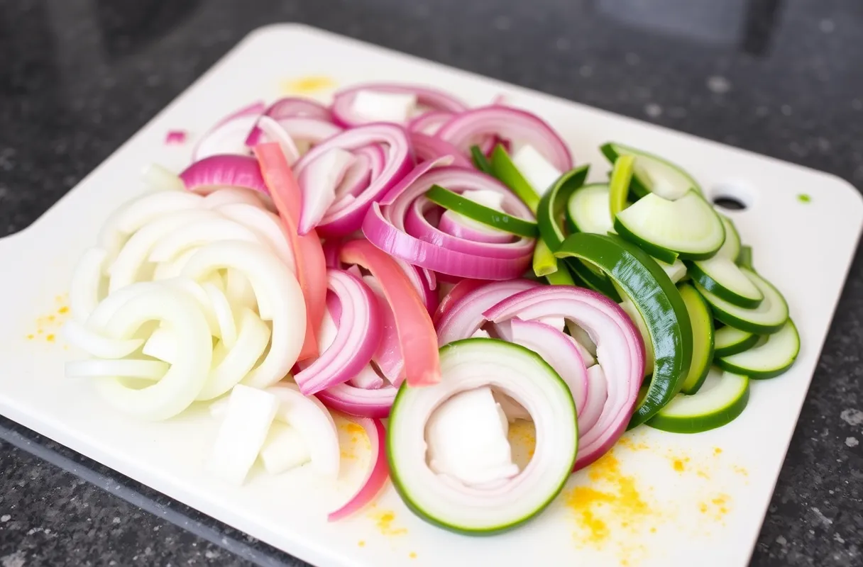 Oignons blancs, rouges et verts coupés en tranches, montrant leurs couleurs vives et prêts à être utilisés pour la cuisine.