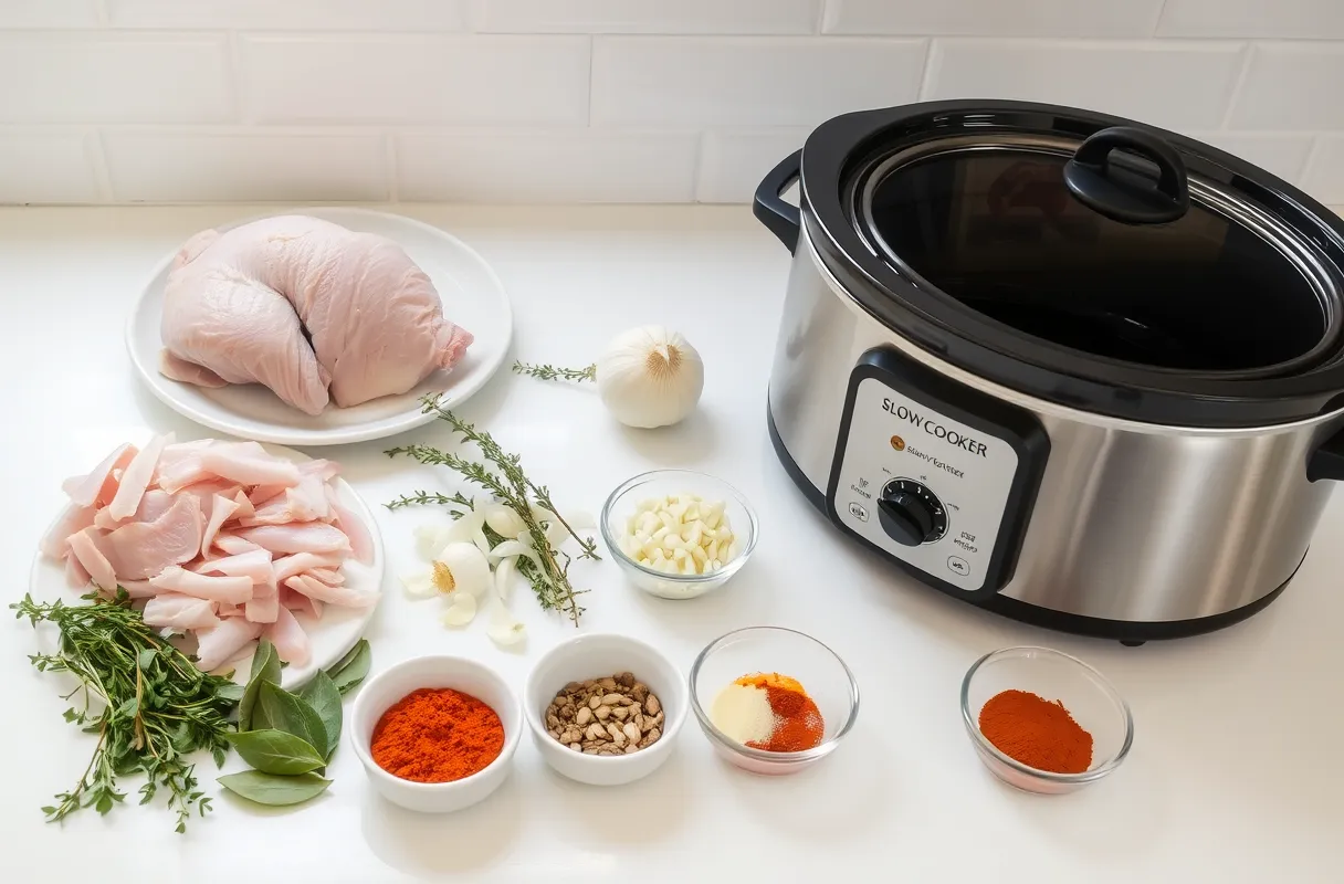 Plan de travail blanc avec ingrédients frais et mijoteuse ouverte pour la préparation d'un plat de dinde mijotée.
