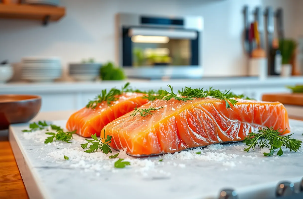 Préparation de saumon gravlax avec aneth, fenouil et persil sur un plan de travail lumineux dans une cuisine moderne.