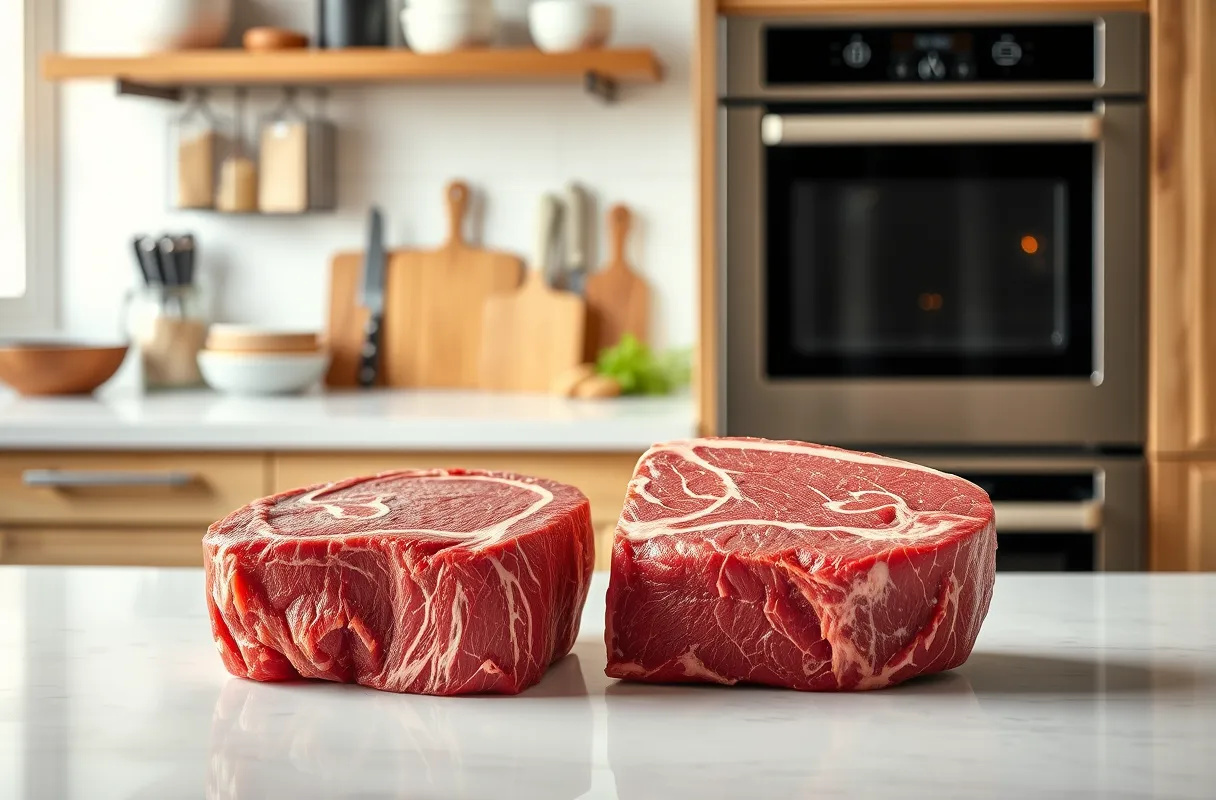 Choix de viande de qualité comme filet mignon ou entrecôte avec persillage visible dans une cuisine moderne et lumineuse
