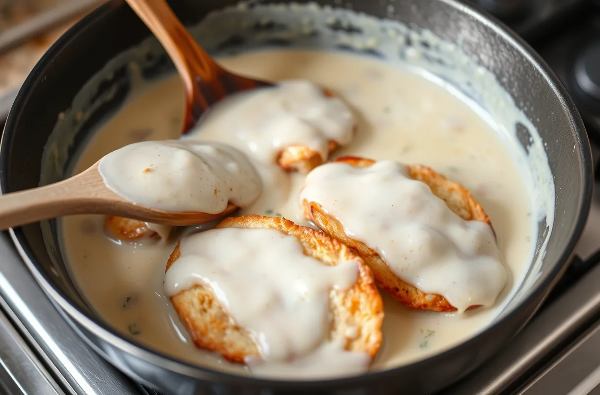 Poêle chaude avec une sauce crémeuse en préparation, les escalopes de dinde reposant sur une assiette à côté