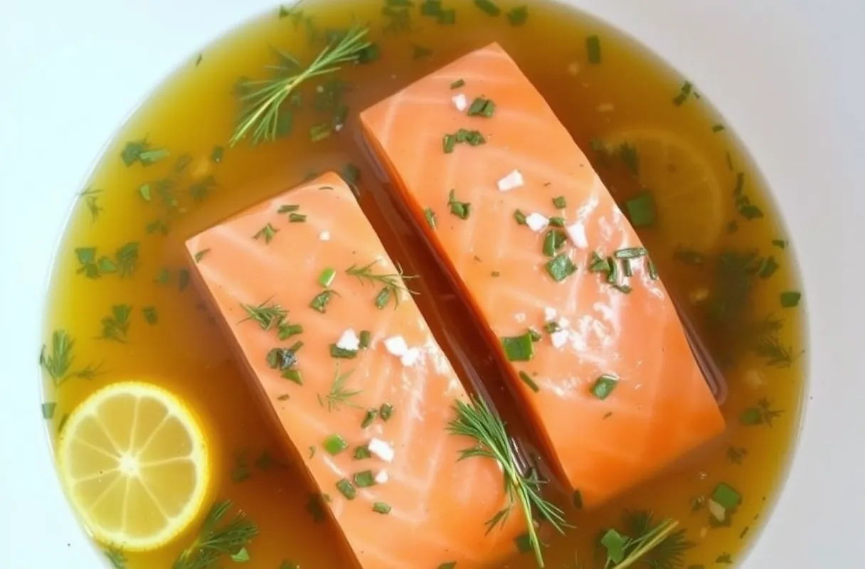Saumon mariné dans un mélange de jus de citron, d'huile d'olive, d'aneth, de basilic et de sel, prêt à être cuit.