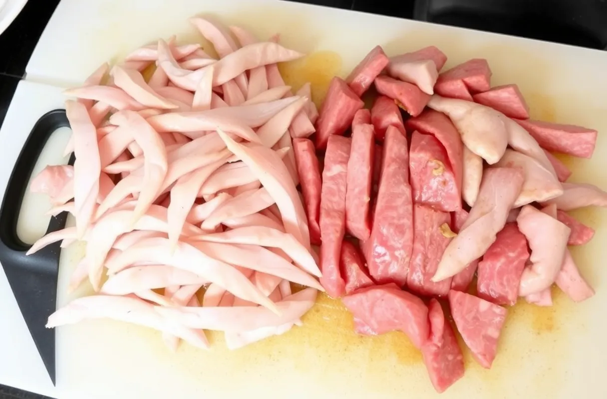 Viande de bœuf ou de poulet coupée en fines lanières, prête à être utilisée pour des fajitas. Les tranches sont nettes et égales, parfaites pour la cuisson.