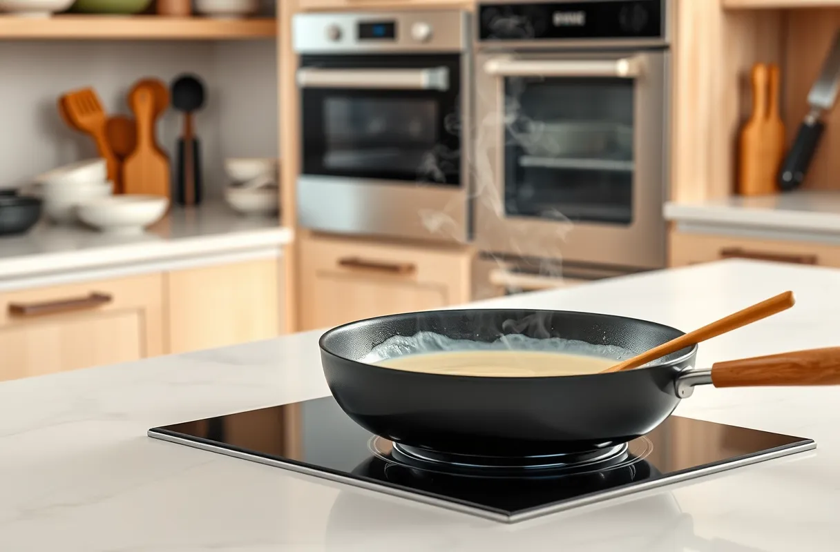 Poêle mijotant à feu doux avec une sauce crémeuse épaissie dans une cuisine moderne et lumineuse.