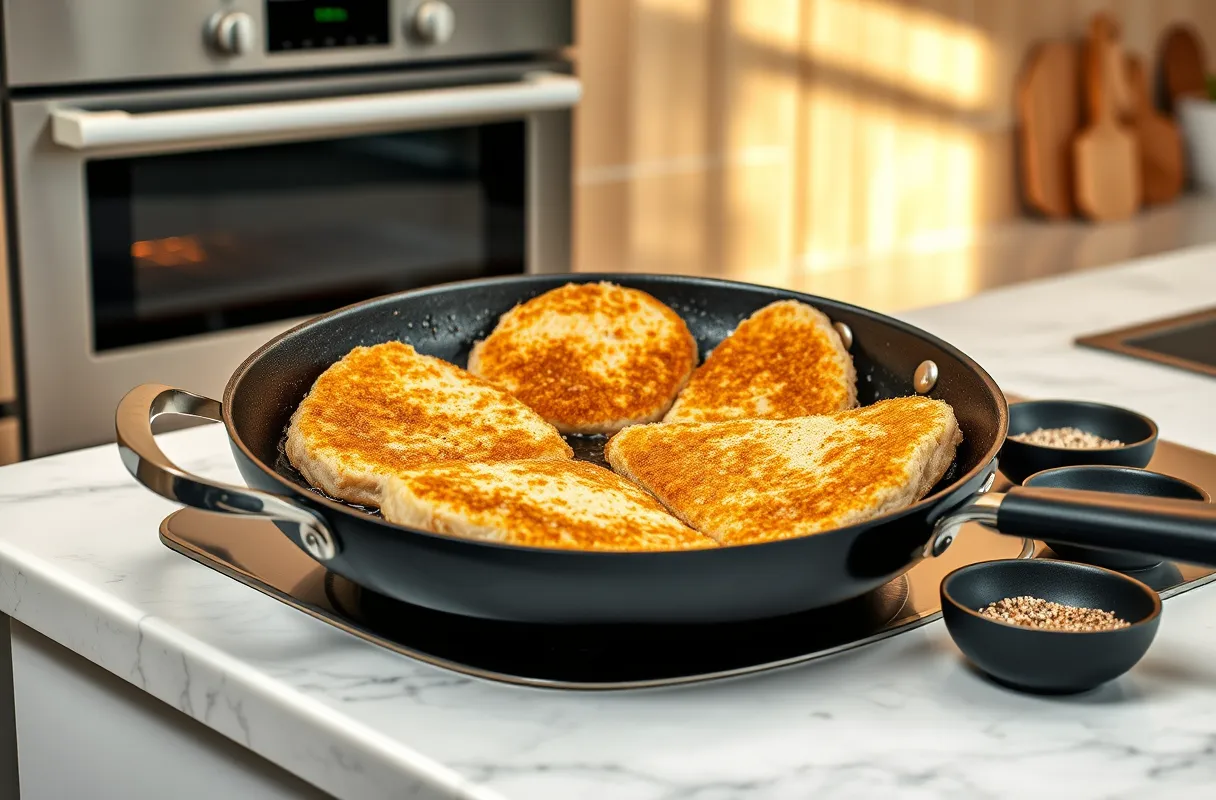 Escalopes de dinde panées dorées dans une poêle avec de l'huile chaude dans une cuisine moderne et lumineuse.