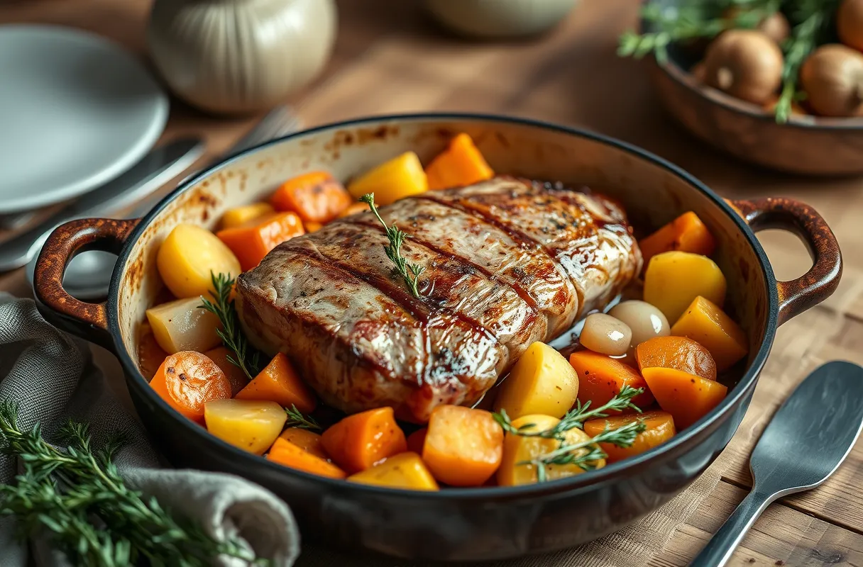 Paleron mijoté avec pommes de terre, carottes et oignons, dans une cocotte rustique, ambiance réconfortante.