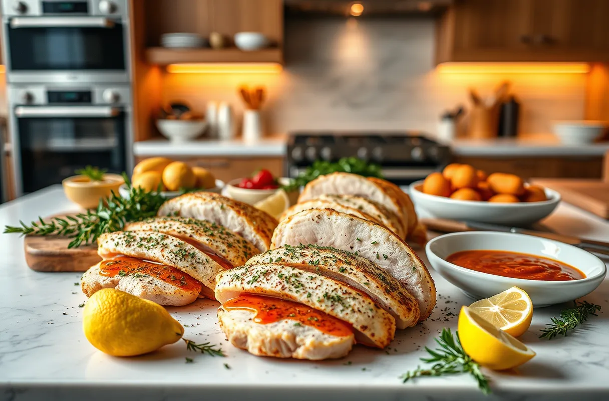 Escalopes de dinde préparées avec herbes fraîches, épices et sauces dans une cuisine moderne et lumineuse.