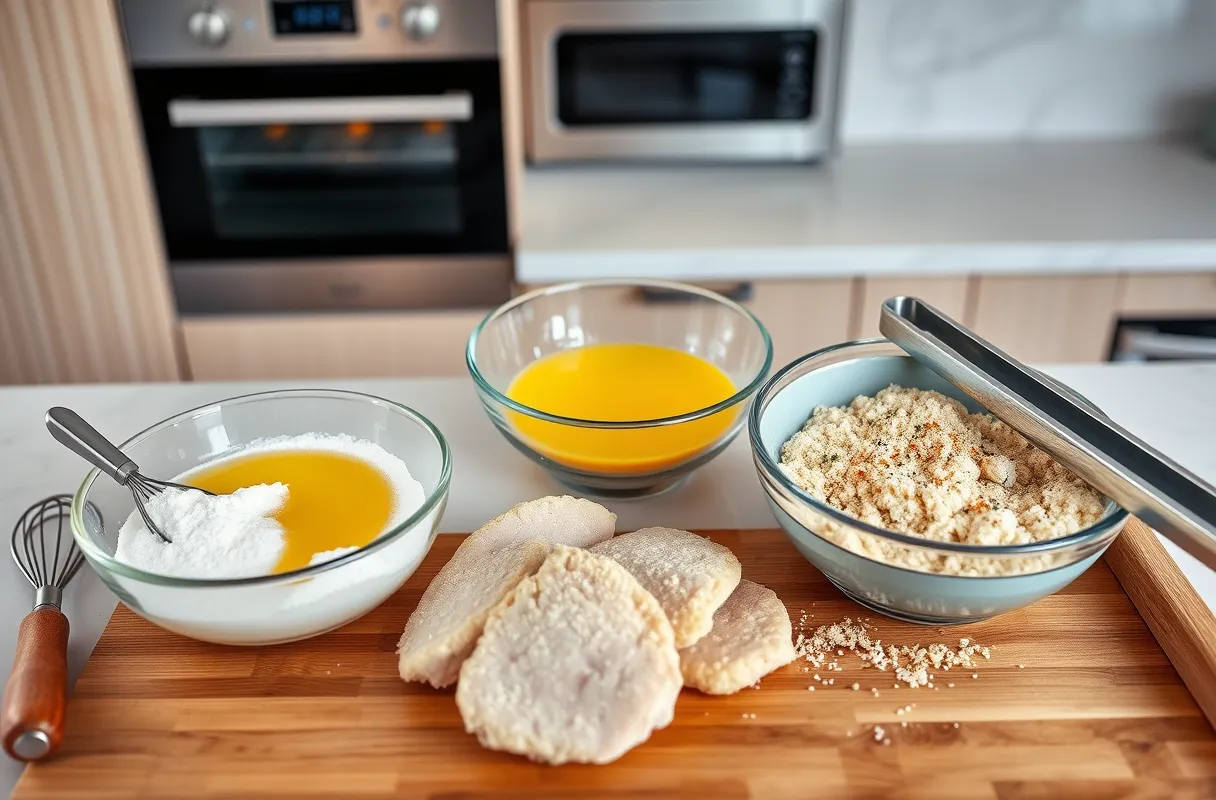 Station de panure avec farine, œufs battus et chapelure assaisonnée pour escalopes de dinde dans une cuisine moderne et lumineuse