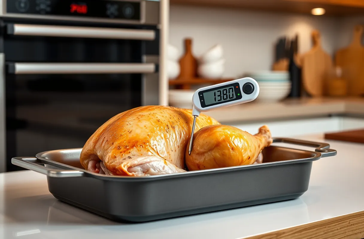 Filet de dinde rôti au four avec thermomètre affichant 71°C dans une cuisine moderne et lumineuse.