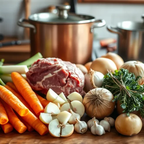 Vue d'ingrédients frais pour un pot-au-feu traditionnel avec joues de bœuf, légumes et bouquet garni