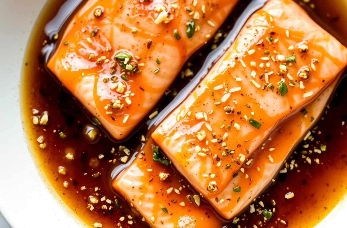 Saumon mariné dans une sauce soja, du gingembre frais râpé, de l'ail haché, de l'huile de sésame et du miel, prêt à être cuit