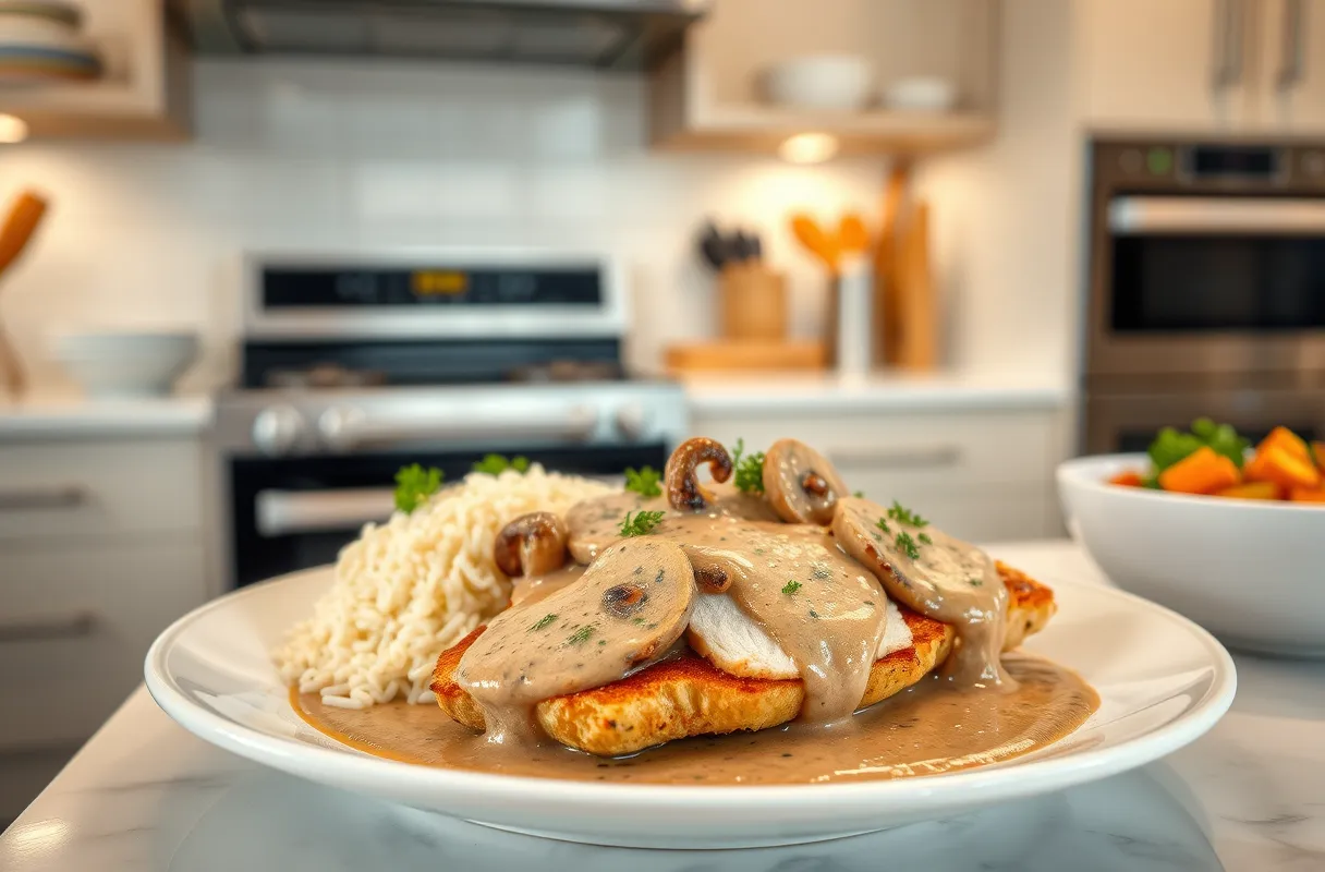 Escalopes de dinde servies avec une sauce crémeuse et accompagnées de riz, pâtes ou légumes dans une cuisine moderne et lumineuse