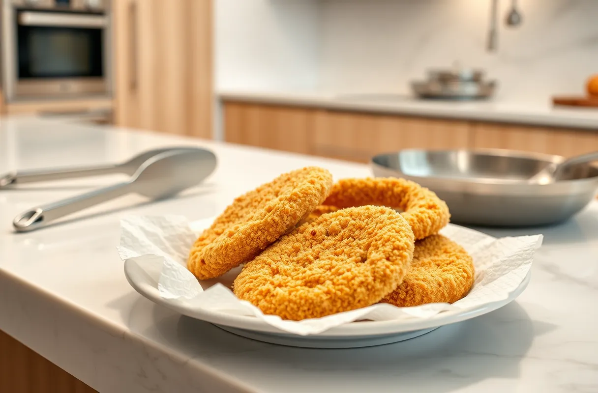 Escalopes de dinde panées égouttées sur du papier absorbant après friture dans une cuisine moderne et lumineuse.