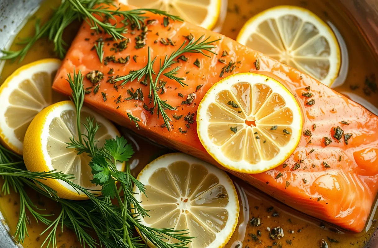 Un morceau de saumon mariné avec du citron, de l'huile d'olive et des herbes fraîches comme de l'aneth, du thym ou du persil, dans un plat peu profond
