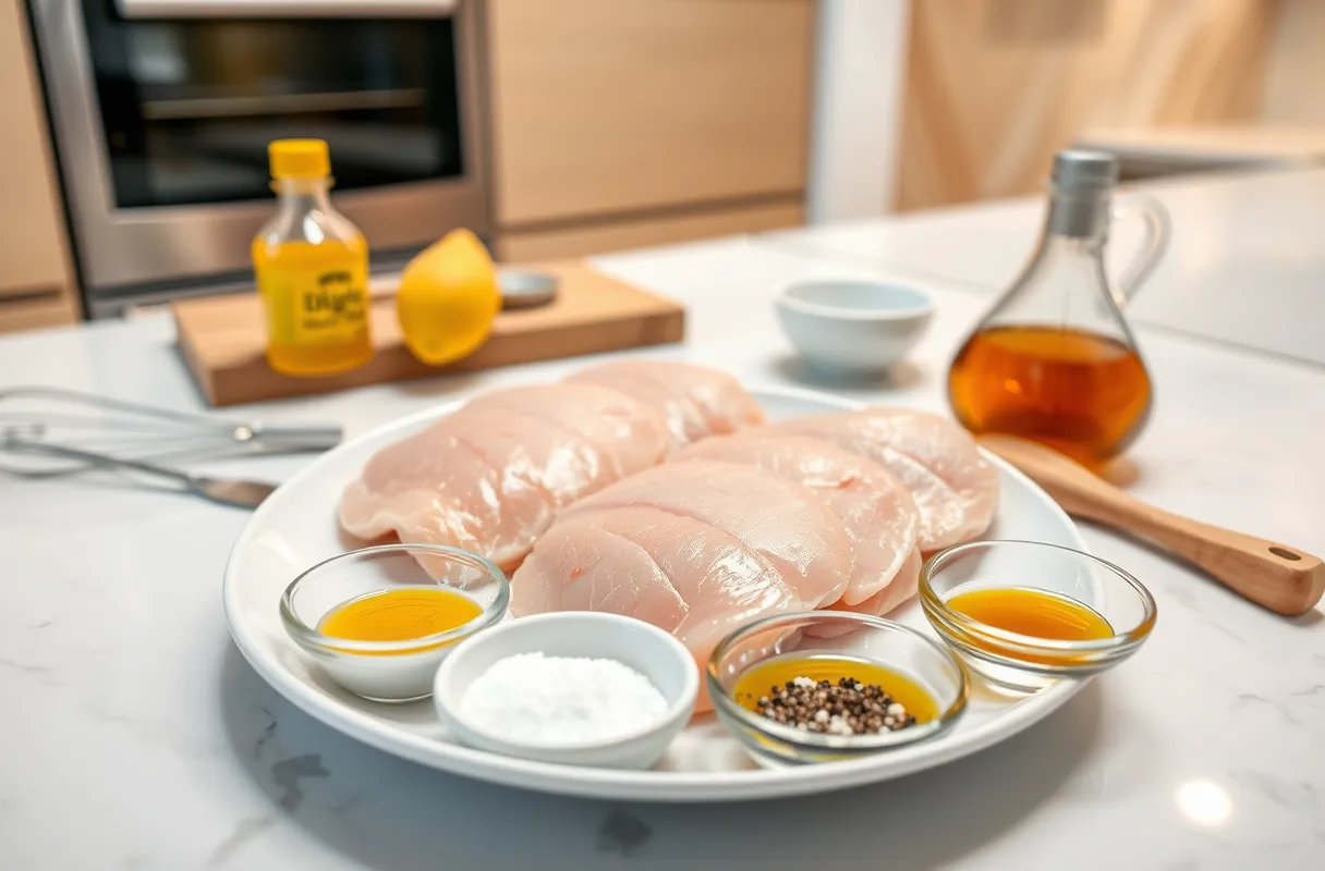 Ingrédients pour escalopes de dinde à la moutarde et au miel : dinde crue, moutarde, miel, huile d'olive, sel et poivre dans une cuisine moderne et lumineuse.