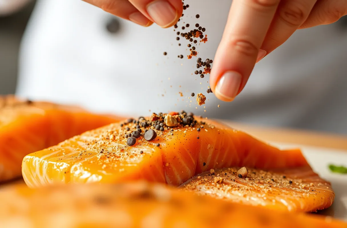 Un chef saupoudrant délicatement un mélange d'épices, comme du paprika et du poivre noir, sur un morceau de saumon mariné, avec une application mesurée pour ne pas masquer les saveurs naturelles du poisson.