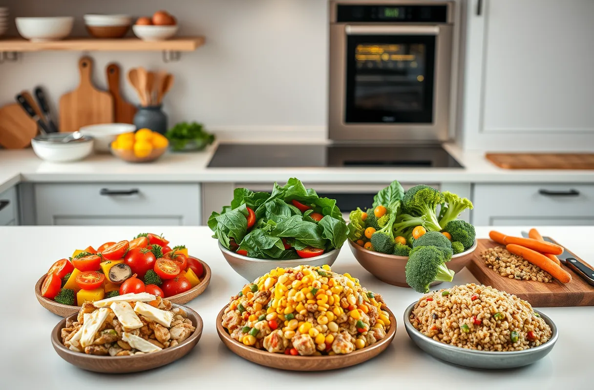 Variantes de garniture végétarienne : courgettes rôties, épinards et fromage de chèvre, poivrons et quinoa dans une cuisine moderne et lumineuse