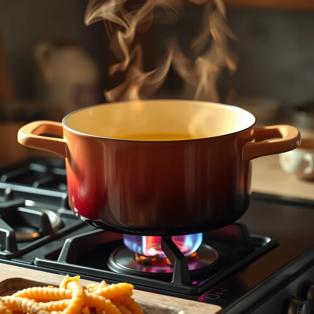 Huile chauffant dans une cocotte en fonte sur une cuisinière, prête pour la cuisson, dans une ambiance de cuisine chaleureuse.