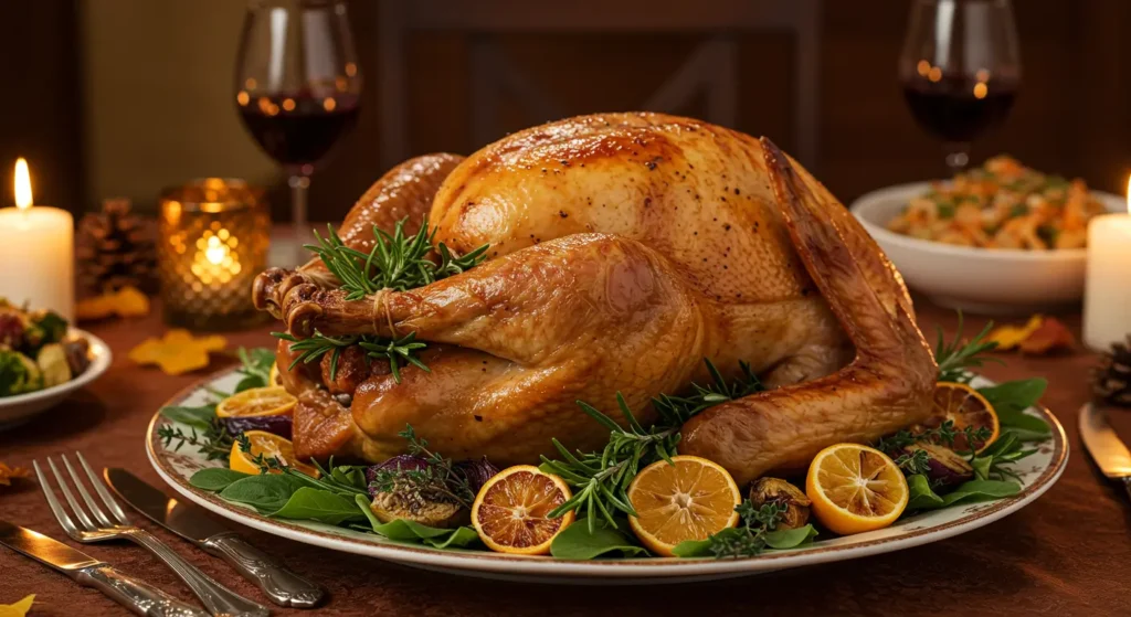 Une dinde entière rôtie servie sur un plat festif.