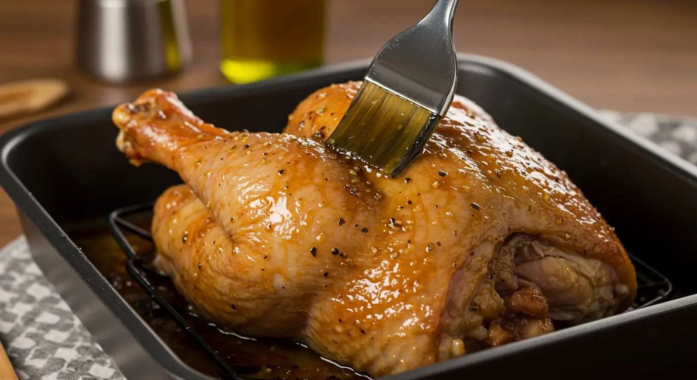 Gros plan sur une cuisse de dinde badigeonnée de marinade pour une peau dorée et croustillante