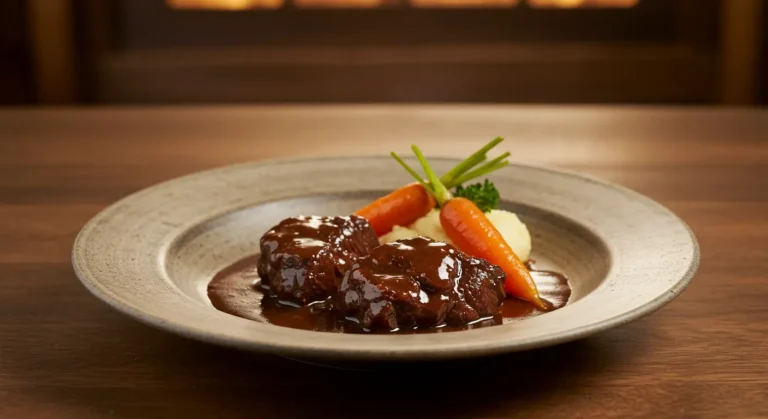 recette du bœuf bourguignon avec morceaux de viande fondante, carottes et sauce onctueuse, servie dans une assiette rustique sur une table en bois.