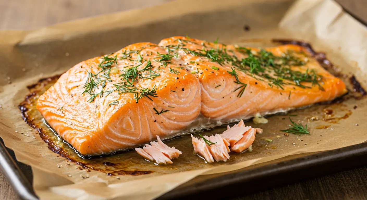 Saumon cuit au four, doré et assaisonné, sur une plaque de cuisson avec du citron et des herbes fraîches