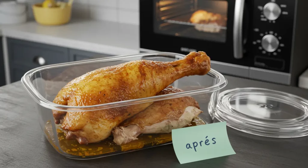 Cuisse de poulet conservée dans une boîte hermétique, prête à être réchauffée.