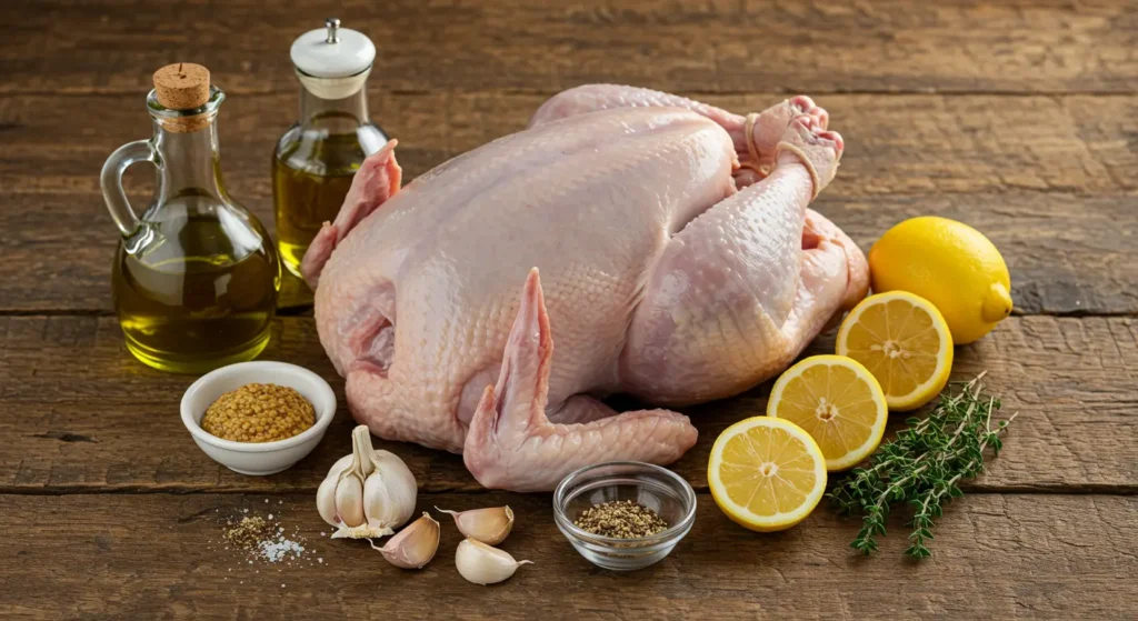 Une dinde entière crue avec les ingrédients nécessaires à la recette.